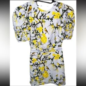 Yvon Italian Fabric Floral Puff Sleeve Dress with Yellow Accents Mini Dress